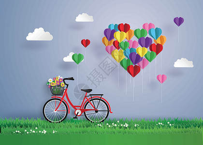 心脏骤停停在草地上的红色自行车 心形气球漂浮运输艺术运动车轮天空花束太阳工艺庆典折叠插画