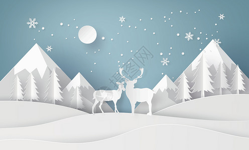 雪地森林中的鹿海报季节性雪花工艺寒冷剪纸驯鹿插图哺乳动物创造力背景图片