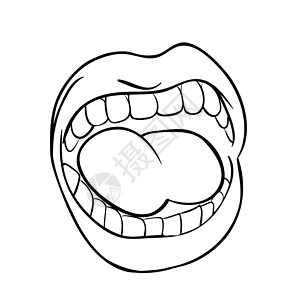 嘴巴舌头用牙齿和舌头呼喊的嘴唇卡通轮廓矢量 symb插画