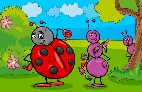 两只好看画笔蚂蚁和大鼠虫昆虫卡通字符插画
