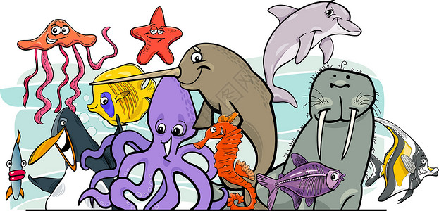 卡通海生生物动物字符组高清图片