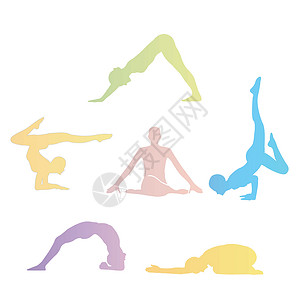 阿斯坦加瑜伽瑜伽体式剪影彩虹纪律咒语传统专注脉轮健身房太阳女士光环插画