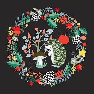 动物圆形素材与Hedgehog森林系列图解的可爱背景快乐打印圆形婴儿纺织品孩子们绘画卡通片动物树叶设计图片
