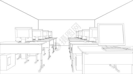 带桌子和电脑的电脑课艺术技术木板互联网办公室学校插图大学学习知识设计图片