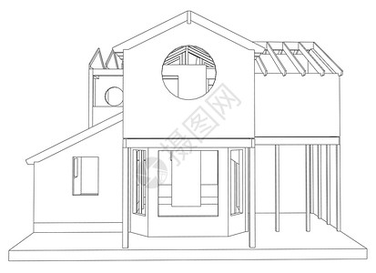 建筑施工图建筑线框结构的抽象 3D 渲染 施工图 追踪图 3房间窗户设计师铅笔绘画建筑学公寓工程插图项目插画