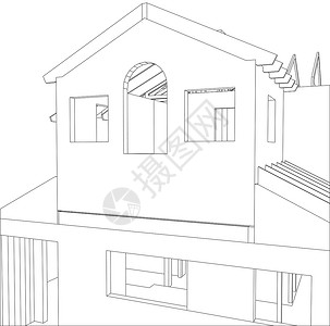 建筑线框结构的抽象 3D 渲染 施工图 追踪图 3铅笔建筑师商业工程住宅建造窗户蓝图设计师绘画插画