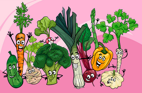 洋芹菜蔬菜组卡通插图萝卜童话黄瓜团体韭葱香菜紫色壁球饮食食物插画