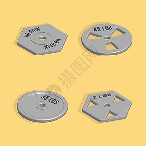 3D 矢量图中杠铃的配重板肌肉训练盘子插图健身房力量举重触须建筑运动员插画