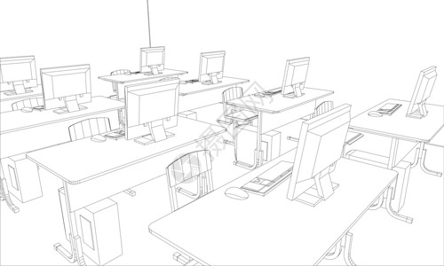 带桌子和电脑的电脑课班级艺术课堂办公室大学学校插图技术知识教育设计图片