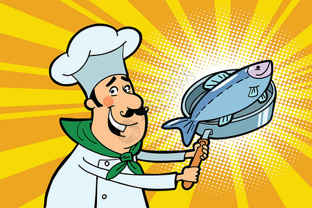烤鱼餐厅厨师用烤鱼做饭插画