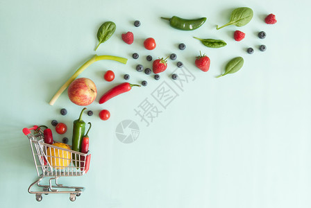 食品购物车概念水果杂货营养零售食物店铺大车蔬菜车轮广告背景图片