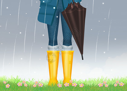 带雨伞的女孩天气气象女士靴子插图草地背景图片