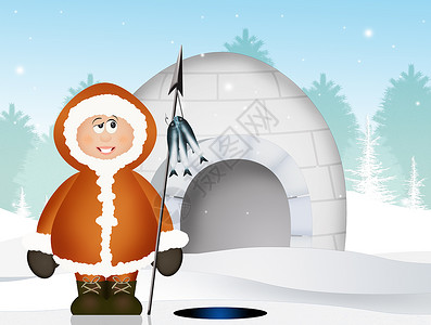 爱斯基摩和艾格卢外套冰屋季节房子卡通片渔夫皮夹克发射插图背景