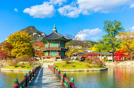 告庄西双景秋天在韩国首尔京博肯庄宫地标建筑旅行天空街道城市木头旅游场景背景