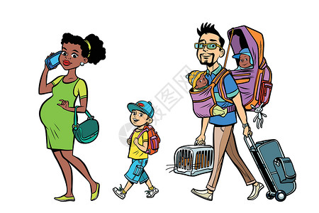 多民族家庭旅行者妈妈爸爸和孩子孩子们混血儿沙鼠行李流行音乐妻子大家庭男人巡航丈夫插画