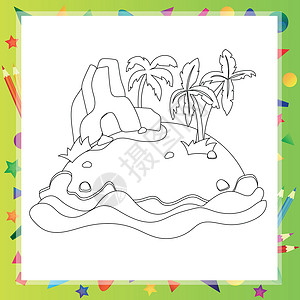 韩国海滨风光带有棕榈树和岩石的卡通岛绘画染色海滩情调旅行航空公司日落风光海洋假期插画