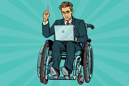 男人坐在轮椅上轮椅上的商务人士与 lapto设计图片