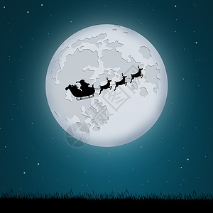 圣诞老人雪橇明信片牛角问候语月亮月光蓝色插图礼物驯鹿庆典背景图片