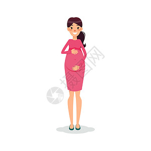 妇产孕妇快乐的公寓女郎 未来的妈妈卡通人物 期待的母亲装扮卡通片女孩幸福生活插图裙子腹部怀孕女性艺术插画
