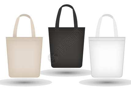 手提袋设计逼真的手提袋套装 3d 面料 帆布 购物袋系列黑色 米色 孤立在白色背景上 Mosk-up 为您的产品设计 矢量图设计图片