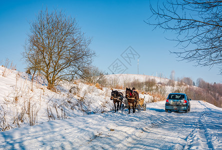 雪橇三傻三 冬季山区农村地区交通流量的变化情况车载主人国家年度课程运输旅行马匹大车背景