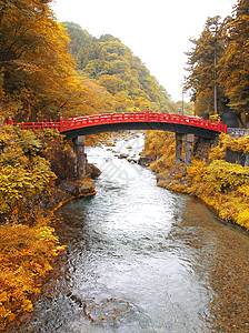 秋季新京大桥 日本日子乡村红色日光吸引力溪流寺庙历史性神道山脉风景背景图片