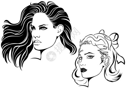两张女脸素描发型化妆品钢笔画插图女孩手绘黑与白女性绘画背景图片