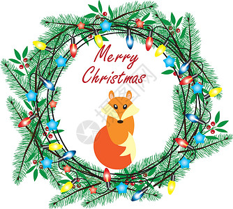 矢量圣诞 wreat问候语玫瑰花圈花朵狐狸植物庆典插图卡片季节背景图片
