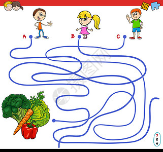 饥饿女孩与孩子和蔬菜的路径迷宫游戏设计图片