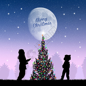 圣诞树周围的孩子们月亮插图松树庆典快乐家庭背景图片