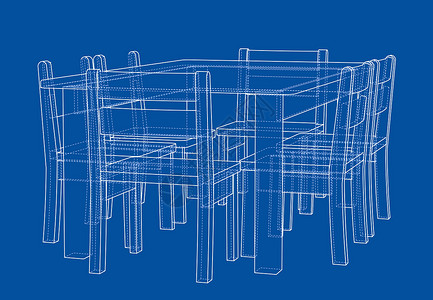 带椅子的桌子  3 的矢量渲染餐桌工作内阁办公室绘画素描房间建造饮食房子背景图片