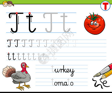 一只番茄如何为孩子写字母 T 工作表设计图片