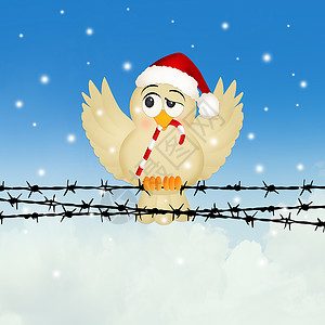 带圣诞糖果的鸟问候语金属明信片插图翅膀动物庆典麻雀背景图片