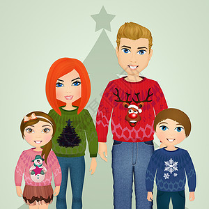 圣诞节带羊毛衣服的家属庆典礼物插图绘画夫妻家庭男生快乐孩子们女孩背景图片