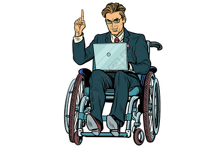 轮椅上的男人坐在轮椅上的商务人士被白色背景隔离设计图片