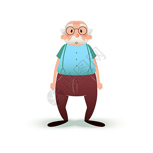 有趣的卡通老人性格 戴眼镜 留着小胡子的高级 孤立在白色背景上的祖父插图 穿吊带裤的老人老将男人公民祖父母男性胡子家庭皱纹爷爷白背景