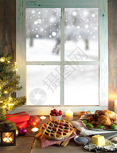 圣诞窗口 配有烤饭和礼品背景图片