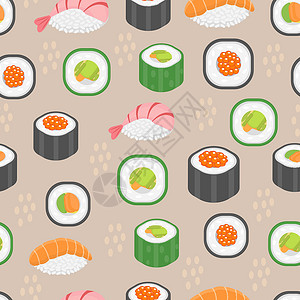 三文鱼纹理寿司集无缝模式 卷无尽的背景 日本料理重复纹理 背景壁纸 矢量图餐厅鱼片食物午餐卡通片白色海鲜美食文化海藻插画