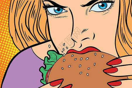 吃手女人素材饿了女人吃汉堡汉堡插画