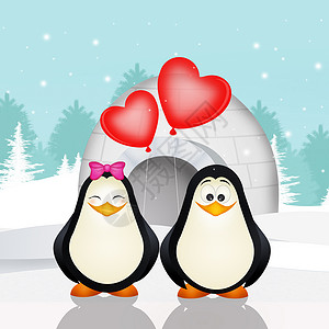 气球屋相爱的企鹅夫妻冰屋卡通片气球鸟类季节插图哺乳动物背景