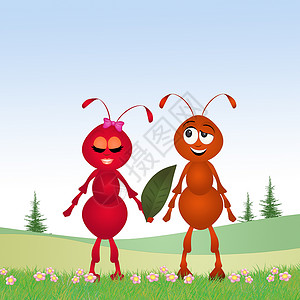 几对蚂蚁蟑螂红色叶子快乐天线动物夫妻工人插图昆虫背景图片