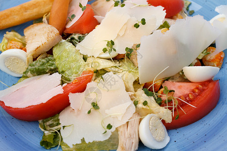 新鲜的鸡沙拉加蔬菜和奶酪 蓝底菜色背景图片