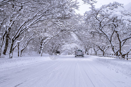 打滑的汽车和冬季下雪 在森林路上 有很多雪小路季节车辆降雪天气运输危险暴风雪车轮越野车背景