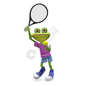 3D 用网球罗克特 演示青蛙动物群好奇心球拍情怀绿色喜悦游戏3d壁虎兴趣背景图片