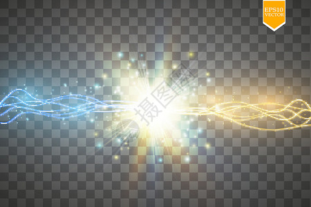 热夫雷金色和蓝色光芒的两种力量碰撞 矢量图 冷热波光粼粼的力量 与放电的能量闪电运动爆破耀斑插图震惊火花霹雳射线活力螺栓插画