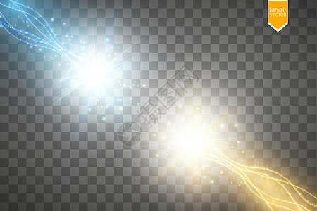 热夫雷金色和蓝色光芒的两种力量碰撞 矢量图 冷热波光粼粼的力量 与放电的能量闪电爆破插图速度辉光震惊魔法运动活力粒子耀斑插画
