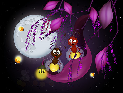 萤火从夜间的萤火插图分支机构月光夫妻树叶卡通片昆虫花朵背景