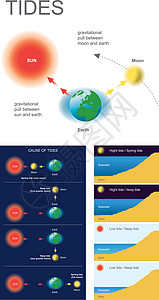 海水冲淡了时间潮汐是由于月球和太阳施加的引力以及地球自转的共同作用而引起的海平面的上升和下降港口高度海水重力船运天文学圆圈地区文学时间插画