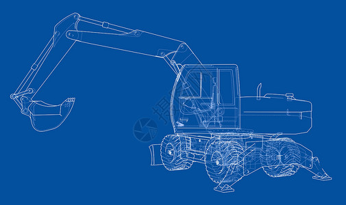 白色背景上孤立的挖掘机轮廓工作卡车拖拉机工程工业液压机械车辆机器草图背景图片