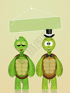 海龟结婚小动物婚姻卡通片家庭配偶夫妻插图明信片庆典婚礼背景图片